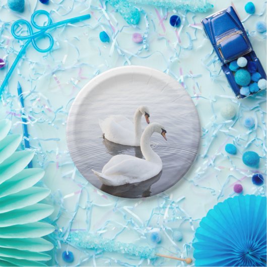 Zwei Schwäne schwimmen am ruhigen See Pappteller (Party)