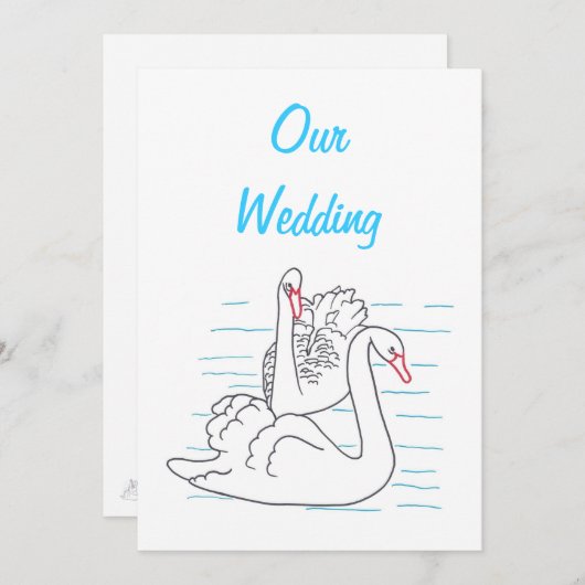 Zwei Schwäne schwimmen Zeichnend Hochzeitseinladun Einladung (Vorne/Hinten)