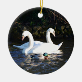 Zwei Schwäne und eine Ente Keramik Ornament