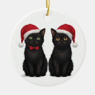 Zwei schwarze Kätzchen mit Weihnachtsmannmütze Wei Keramik Ornament