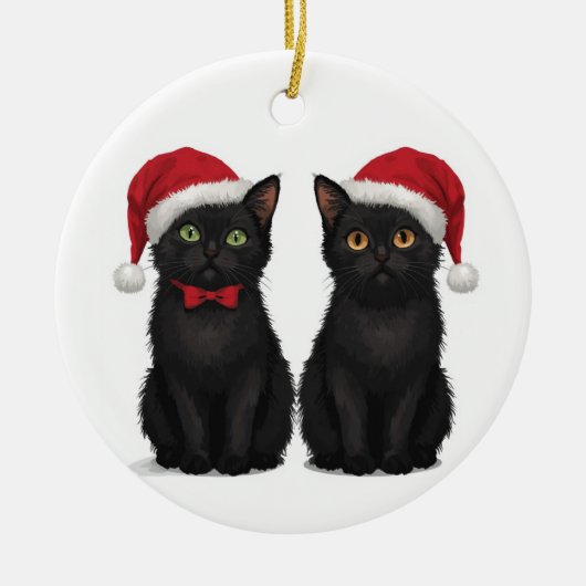 Zwei schwarze Kätzchen mit Weihnachtsmannmütze Wei Keramik Ornament (Vorne)