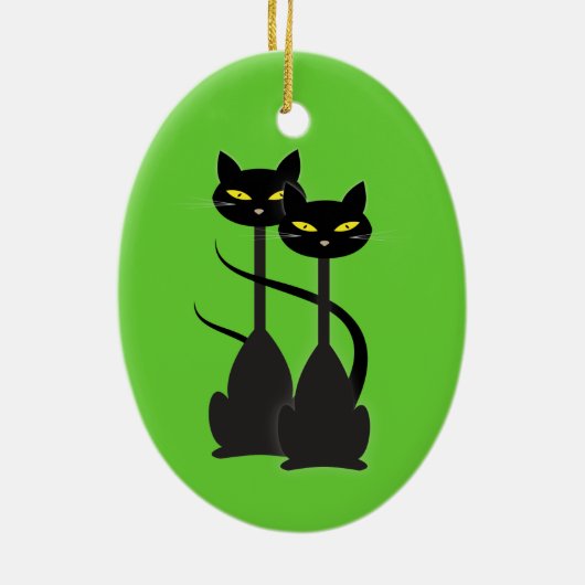 Zwei schwarze Katzen mit langen Engpässen auf Grün Keramik Ornament (Hinten)