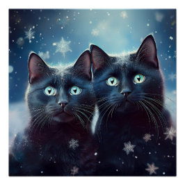 Zwei schwarze Katzen werden angeschneit Poster