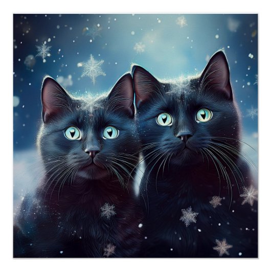 Zwei schwarze Katzen werden angeschneit Poster (Vorderseite)