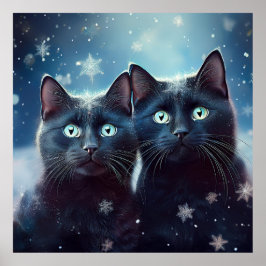 Zwei schwarze Katzen werden angeschneit Poster