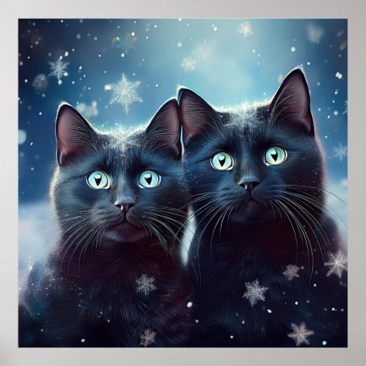 Zwei schwarze Katzen werden angeschneit Poster (Vorne)