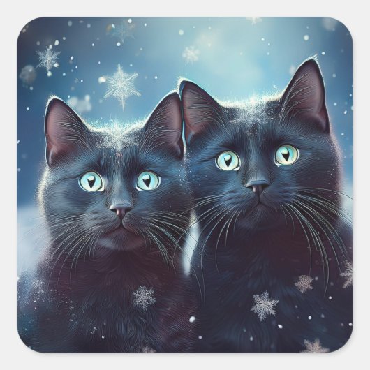 Zwei schwarze Katzen werden angeschneit Quadratischer Aufkleber (Vorderseite)