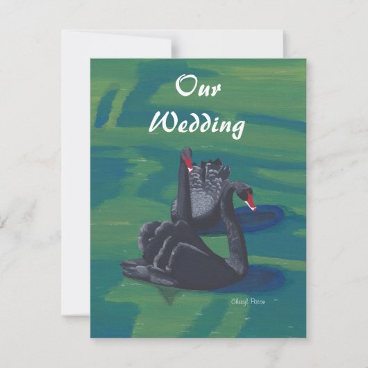 Zwei schwarze Schwäne beim Hochzeitsschwimmen Einladung (Vorderseite)