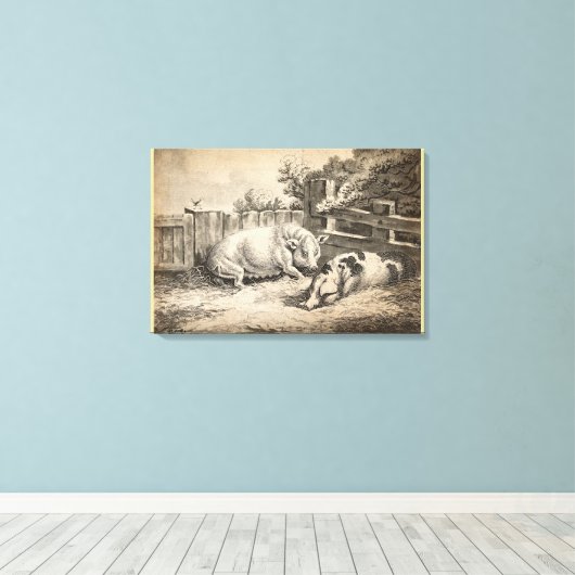 Zwei Schweine, die in Strohhalm in einem Außengebl Leinwanddruck (Insitu (Holzboden))