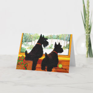 Zwei Scottie Hunde Wartete für den Weihnachtsmann Feiertagskarte