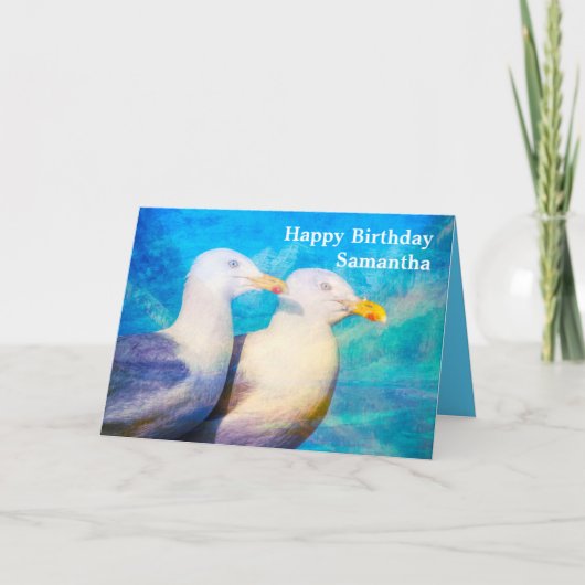 Zwei Seagulls Aquarellfarben Name Happy Birthday Karte (Vorderseite)