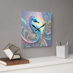 Zwei Seepferde Pastel Fraktal Art Quadratische Wanduhr