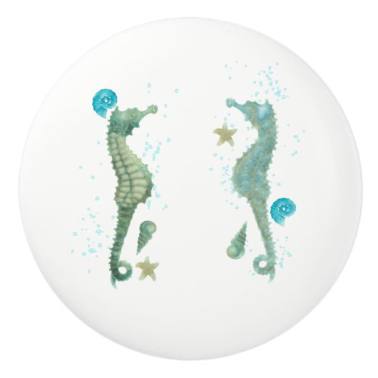 Zwei Seepferde Watercolor Beach Elegantes Tropisch Keramikknauf (Vorderseite)