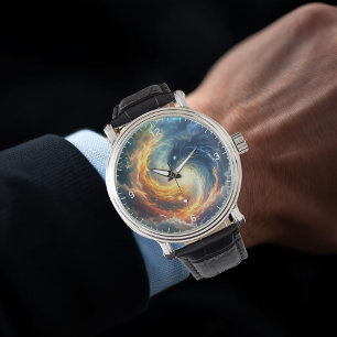 Zwei Seeungeheuer jagen sich über einer dunklen Armbanduhr