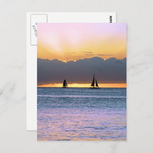 Zwei Segelboote in einem Waikiki-Sonnenuntergang Postkarte (Vorne/Hinten)