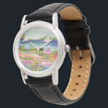 Zwei Segelboote und Hütte Armbanduhr<br><div class="desc">Zwei Segelboote und Hütte I von Karen Fields. Helle,  lustige Szene mit Blume,  Bäumen,  einer Hütte und Segelbooten auf dem Wasser.</div>