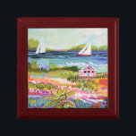 Zwei Segelboote und Hütte Erinnerungskiste<br><div class="desc">Zwei Segelboote und Hütte I von Karen Fields. Helle,  lustige Szene mit Blume,  Bäumen,  einer Hütte und Segelbooten auf dem Wasser.</div>