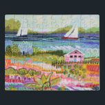 Zwei Segelboote und Hütte Puzzle<br><div class="desc">Zwei Segelboote und Hütte I von Karen Fields. Helle, lustige Szene mit Blume, Bäumen, einer Hütte und Segelbooten auf dem Wasser.</div>