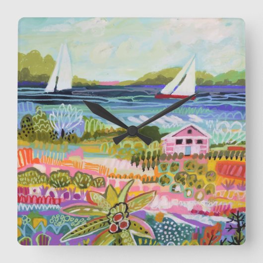 Zwei Segelboote und Hütte Quadratische Wanduhr (Vorderseite)