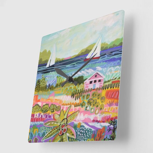 Zwei Segelboote und Hütte Quadratische Wanduhr (Winkel)