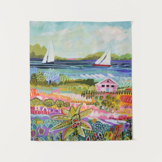 Zwei Segelboote und Hütte Wandteppich (Vorderseite)