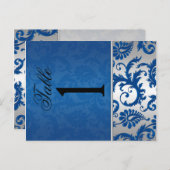 Zwei seitliche Silber- und Blue Damask-Tischnummer Postkarte (Vorne/Hinten)
