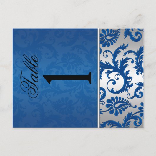 Zwei seitliche Silber- und Blue Damask-Tischnummer Postkarte (Vorderseite)