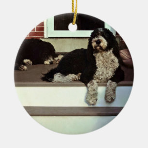 Zwei Sheepadoodles auf der Veranda Keramik Ornament
