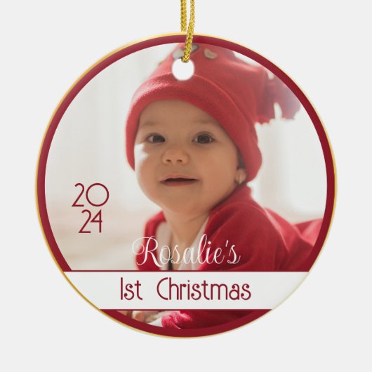 Zwei Sided Red Gold Baby's First Christmas Ornamen Keramik Ornament (Vorne)