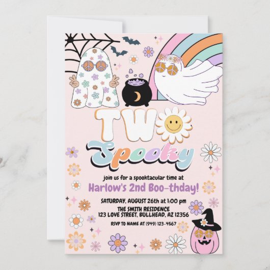 Zwei Spooky Groovy Ghost Hippie Halloween Geburtst Einladung (Vorderseite)