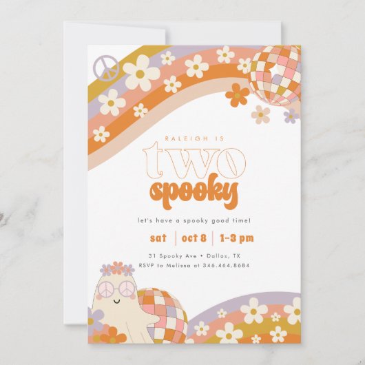 Zwei Spooky | Retro Groovy Boho Girls 1. Geburtsta Einladung (Vorderseite)