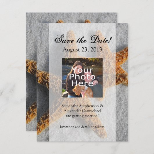 Zwei Starfish im Sand, Hochzeit am Strand Save The Date (Vorne/Hinten)