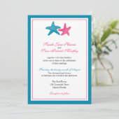 Zwei Starfish Pfau und rosa Hochzeit Einladung (Stehend Vorderseite)
