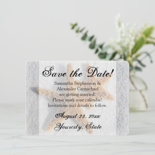 Zwei Starfish Sandstrände, Strand Save the Date Einladung (Stehend Vorderseite)