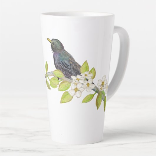 Zwei Starlings auf einem blühenden Zweig im Frühja Milchtasse (Rechte Ecke)