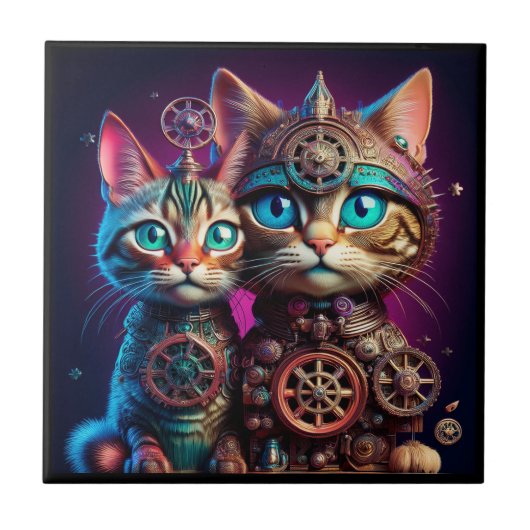 Zwei Steampunk-Kätzchen posieren Fliese (Vorderseite)