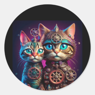 Zwei Steampunk-Kätzchen posieren Runder Aufkleber