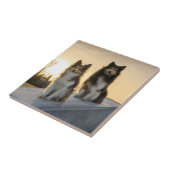 Zwei Stelen auf einem Dach bei Sonnenaufgang Fliese (Seite)