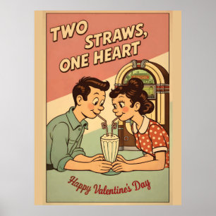 Zwei Strohhalme Ein Herz Retro-Soda-Shop Milchshak Poster