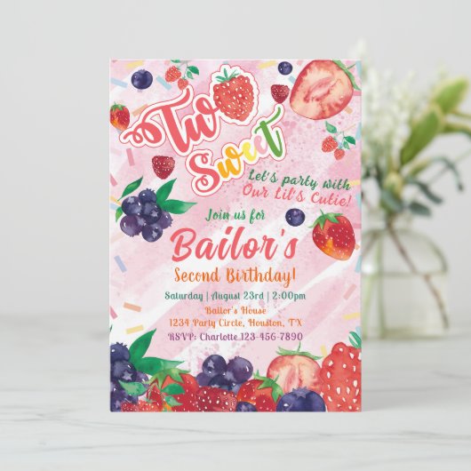 Zwei süß | Obst Party Geburtstag Einladung (Stehend Vorderseite)