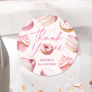 ZWEI Süße 2. Geburtstagsmädchen Rosa Donut-Party Runder Aufkleber