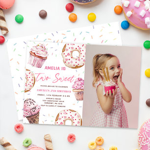 Zwei süße Cupcake & Donuts 2. Geburtstag Foto Einladung