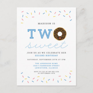 Zwei süße Donut und Sprinkles Blau 2. Geburtstag Einladungspostkarte