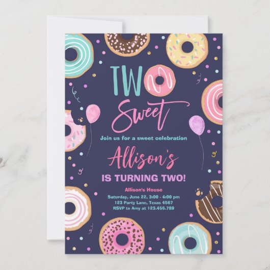 Zwei süße Donut-Wasserfarbenmädchen zum zweiten Ge Einladung (Vorderseite)