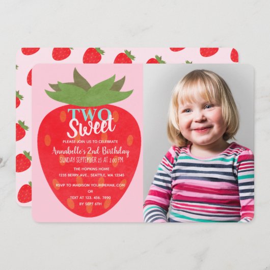 Zwei süße Erdbeere Kinder Zweites Foto Einladung (Vorne/Hinten)