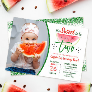 Zwei süße Glitter-Wassermelone zweite Geburtstags- Einladung