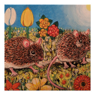 Zwei süße Mäuse und Blumen Hochglanzposter Poster