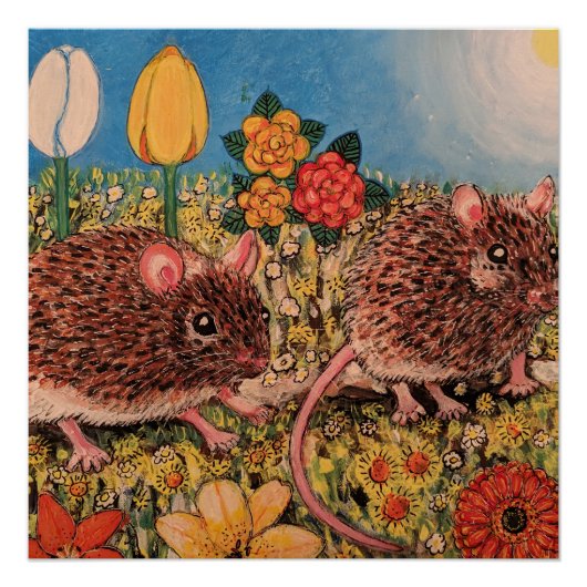 Zwei süße Mäuse und Blumen Hochglanzposter Poster (Vorderseite)