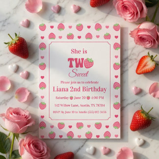 Zwei süße rosa Erdbeermädchen zum 2. Geburtstag  Einladung