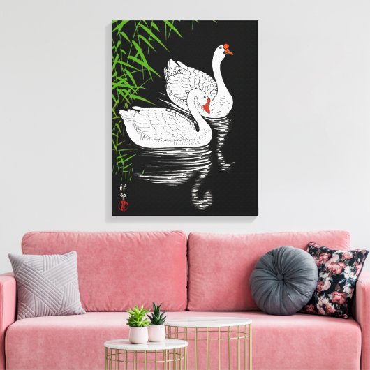 Zwei Swans auf einem Pool - Weiß auf schwarzem Hin Leinwanddruck (Insitu (Wohnzimmer))